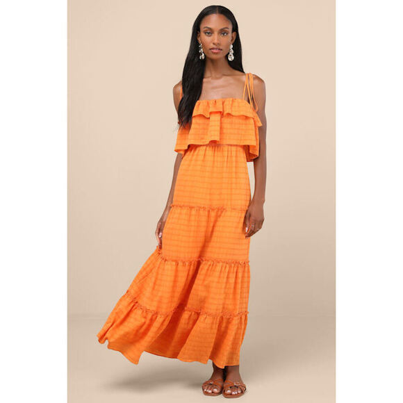 Lulus Inaya Orange Textured Tie-strap Tiered Maxi Dress - Size L - Picture 1 of 1